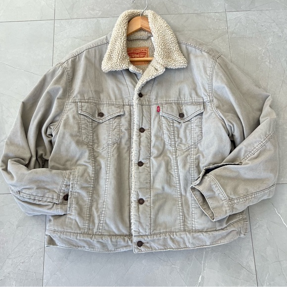 LEVI’S Light Gray Corduroy Beige Sherpa Lining Button Up Trucker Jacket Sz L - Picture 13 of 16
